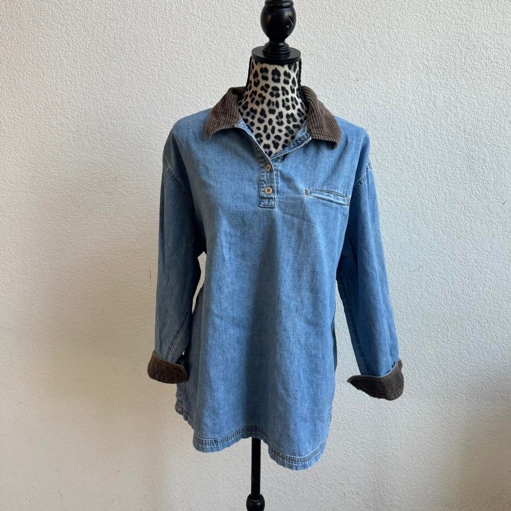 Express blue vintage denim shirt with brown corduroy collar and cuffs size L
